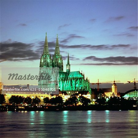 Cathedral lit up at dusk, Cologne Cathedral, Cologne, Germany