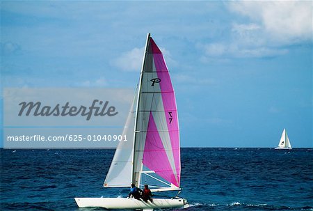 Ein Segelboot beteiligt sich an der Heiniken Regatta auf der holländischen Seite der Insel von St. Maarten in der Karibik.