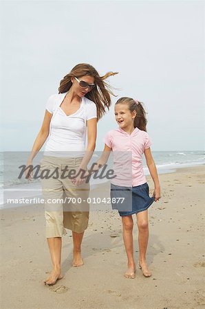 Portrait of Mother and Daughter Walking on Beach