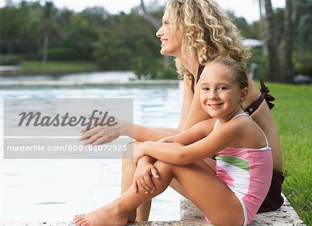 Mother and Daughter Sitting by Pool Side