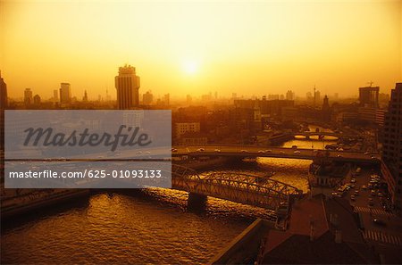 High angle view of bridges across a river, Huangpu river, Shanghai, China