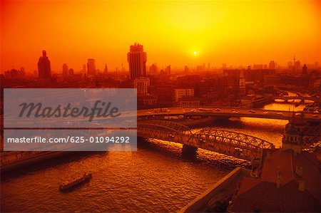 High angle view of bridges across a river, Huangpu river, Shanghai, China