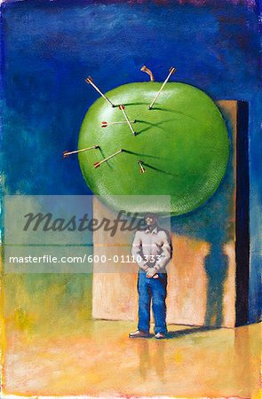 Man Balancing Apple on Head full of Arrows