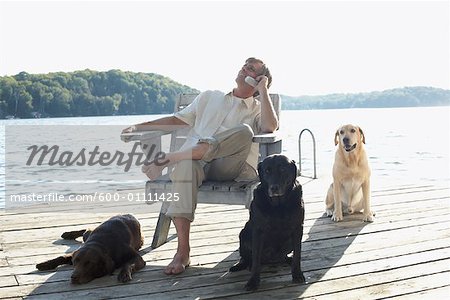 Mann am Dock mit Hunden, Three-Mile-See, Muskoka, Ontario, Kanada