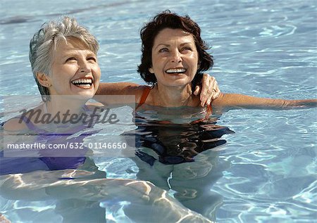 Two mature women in swimming pool, smiling