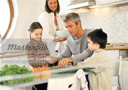 Family of four together in kitchen