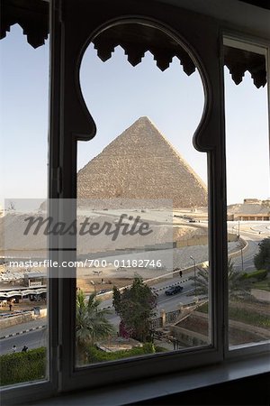 View of Great Pyramids from Mena House Hotel Window, Giza, Egypt