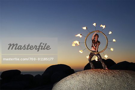 Circus Performer Holding Burning Fire Wheel