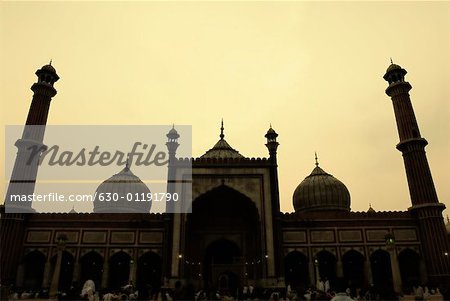 Fassade einer Moschee in der Abenddämmerung, Jama Masjid, Neu Delhi, Indien