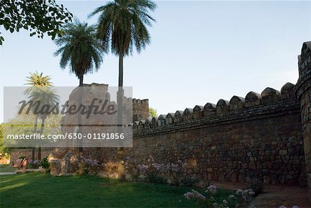 Palmen säumen die Wand von einem Grab, Humayun-Mausoleum, Neu Delhi, Indien