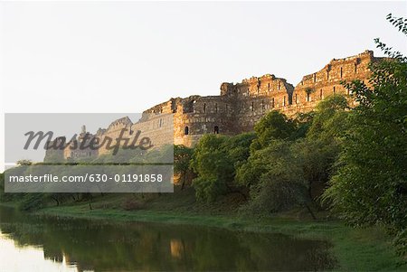 Panoramic view of a moat outside a fort, Old Fort, New Delhi, India