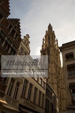 Church Tower through Alley, Antwerp, Belgium