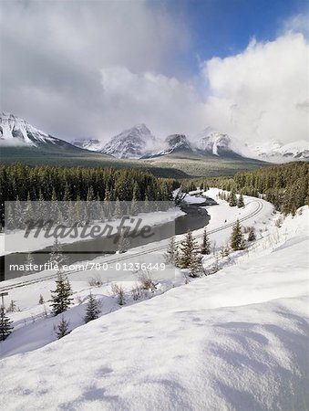 Railway Tracks by River, Alberta, Canada