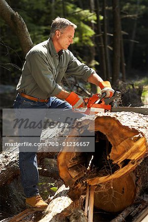 Man Cutting Wood With Chainsaw