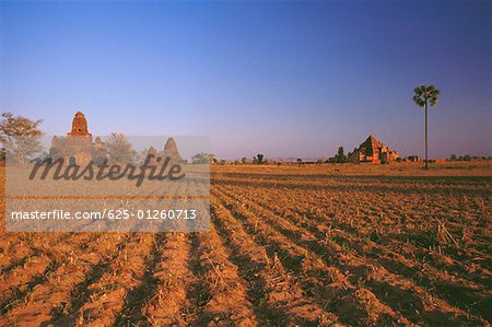 Pagodas in a plowed field, Bagan, Myanmar