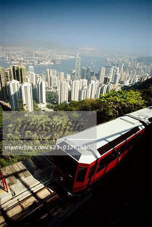 Vue grand angle sur un téléphérique, Victoria Peak, Hong Kong, Chine