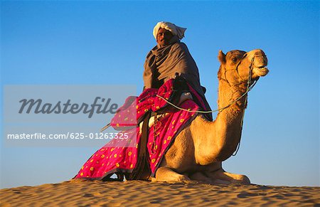 Low Angle View of Mitte erwachsener Mann Reiten ein Kamel in der Wüste, Rajasthan, Indien