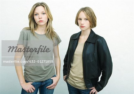 Teenage girls standing side by side with hands on hips, looking at camera, portrait