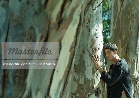 Man pressing face and hands against tree trunk