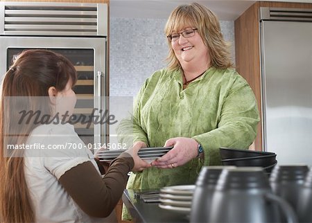 Girl Helping Mother with Dishes