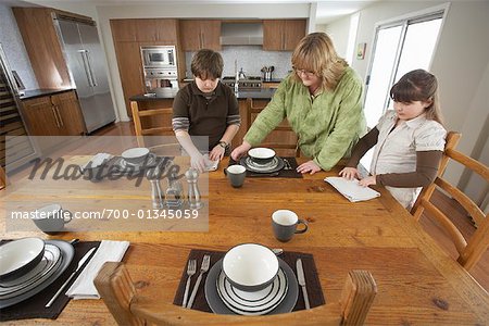 Mother and Children Setting Table