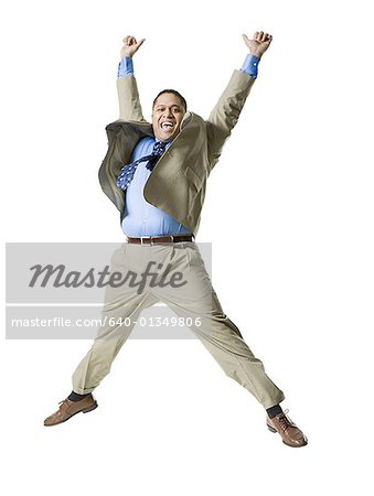 Porträt eines Kaufmanns springen vor Freude