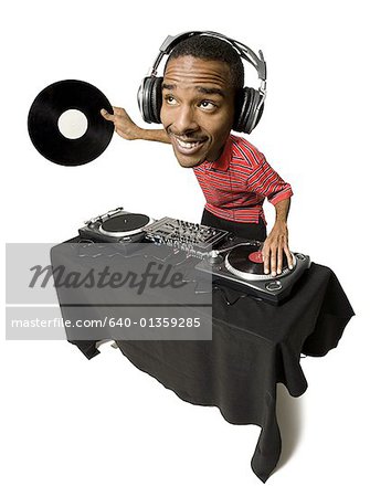 Caricature of DJ with headphones and records looking up