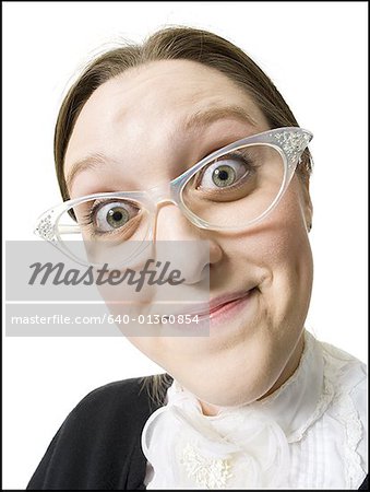 Closeup of woman with cateye glasses