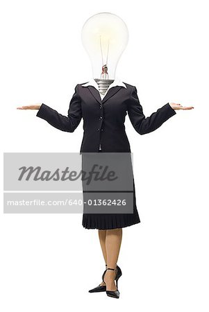 Businesswoman with light bulb instead of head shrugging