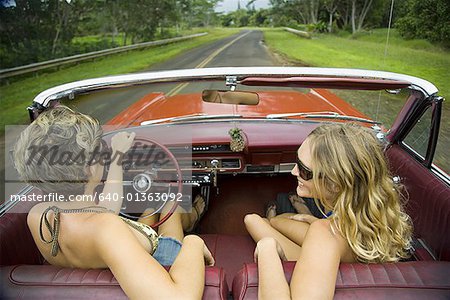 High angle view of two young women in a car