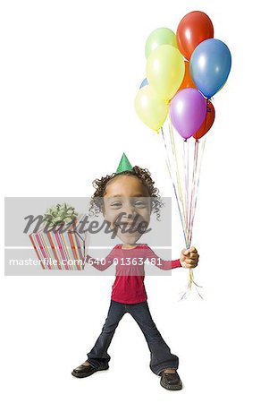 Caricature of girl with balloons and gift