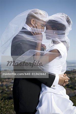 Profile of a newlywed couple under a veil