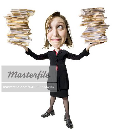 Caricature of businesswoman with file folders