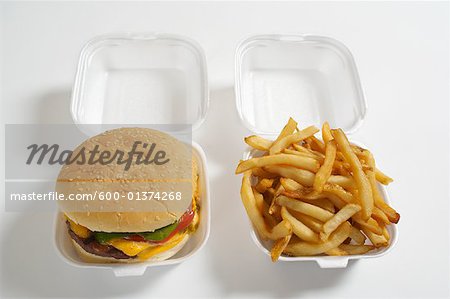 Hamburger and Fries in Styrofoam Containers