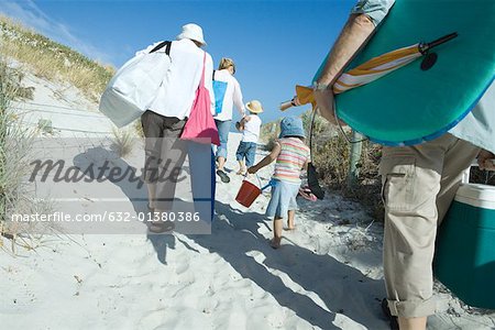 Family walking through dunes, rear view