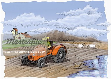 Agriculteur sur un tracteur dans un champ partiellement inondé