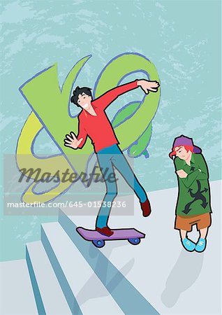 Adolescent patinage devant garçon jaloux