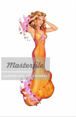 Woman in long orange gown adorned with flowers