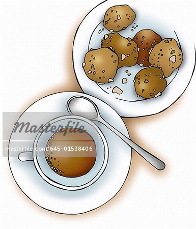Tasse Kaffee mit einem Teller mit cookies