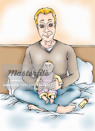 Father sitting on bed with baby