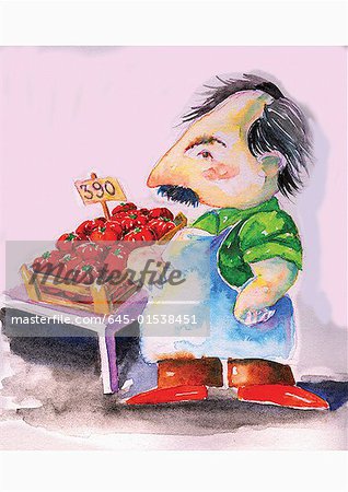 Homme à la table du marché avec des tomates
