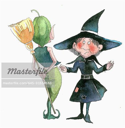 Elf hiding witch's broom as a joke