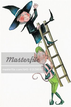 Elf carrying off a ladder with a witch on it