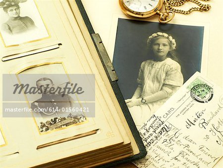 Photographs with postcard and pocket watch