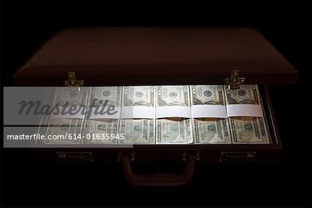 A briefcase filled wih banknotes