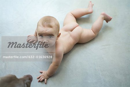 Baby lying on floor, face to face with dog, looking up at camera