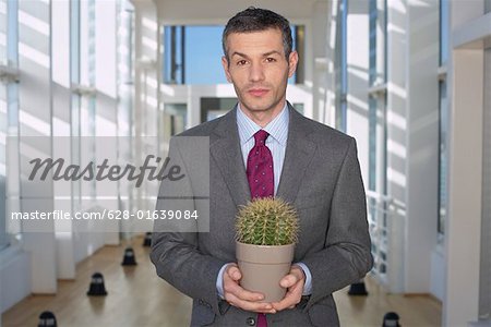 Businessman holding a cactus