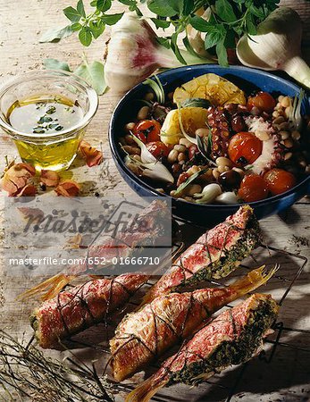 Stuffed surmullet and octopus salad