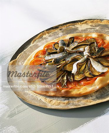 aubergine pizza with sardines in olive oil
