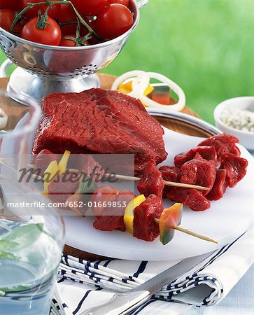 Selection of raw brochettes and steaks